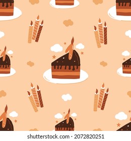 Seamless pattern with cake. Happy birthday. Greeting card, poster, wrapping paper designs. Childrens vector background.