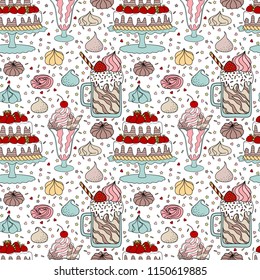 Seamless pattern with cake, ice cream, milk cocktail and meringues