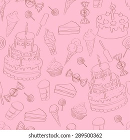 Seamless pattern with cake, ice cream and sweets on pink