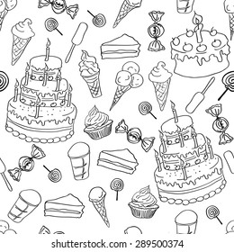 Seamless pattern with cake, ice cream and sweets, black on white