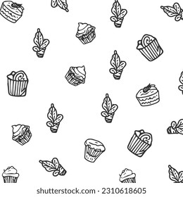 Seamless pattern cake and leaves. Hand drawn decoration element isolated on white background