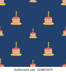 Seamless pattern, cake and piece of cake with purple, pink icing, glaze and burning candle. Holiday vector illustration for postcard, Birthday, web, design, art, invitation, greeting, congratulations,