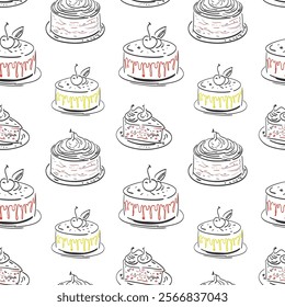 Seamless pattern. With cake and piece of cake. Sketch style drawing on white background