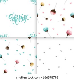 Seamless pattern of cake pops on a stick, isolated on a white background. Food background in vector