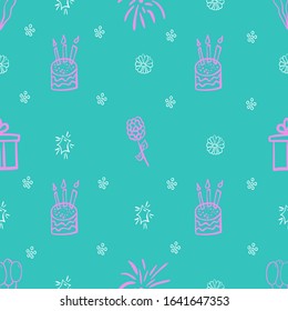 Seamless pattern with cake, present, flowers, ballons and fireworks on a blue background. Vector.