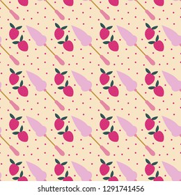 Seamless pattern of cake server,  strawberries and pink dots. Great for textile print, invitations, or packaging. Vector file.