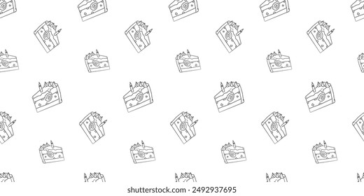 Seamless pattern with cake slice with strawberry piece and one lit candle hand drawn doodle outline vector
