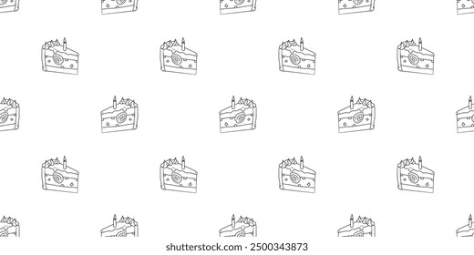 Seamless pattern with cake slice with strawberry piece and one lit candle hand drawn doodle outline vector