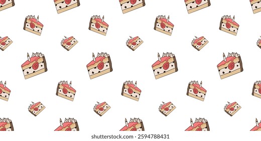 Seamless pattern with cake slice with strawberry piece and one lit candle doodle vector