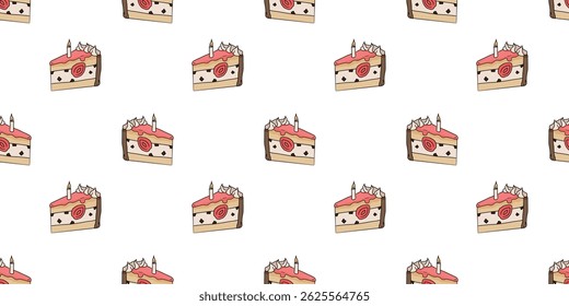 Seamless pattern with cake slice with strawberry piece and one lit candle doodle vector