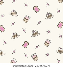 Seamless pattern with cake and stars. Cute hand drawn vector background