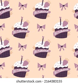 Seamless pattern with cake and strawberries in vintage style. Floral modern wallpaper. Vector hand drawn background