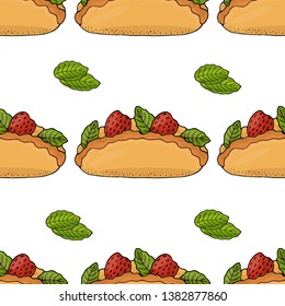 Seamless pattern with cake with strawberry and mint leaf isolated on the white. Sweet cupcake with cream and berries.