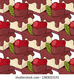 Seamless pattern with cake with strawberry and mint leaf isolated on the white. Sweet cupcake with cream and berries.