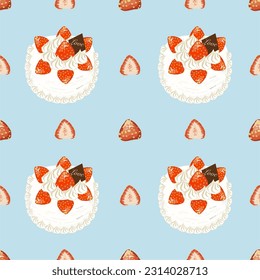 Seamless pattern of cake and strawberry on blue background for background and texture concept 