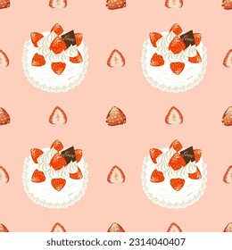 Seamless pattern of cake and strawberry on blue background for background wrapper paper and texture concept 