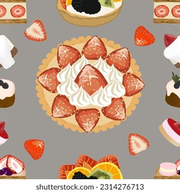 Nahtlose Muster von Kuchen und Erdbeeren auf grauem Hintergrund für Hintergrundpapier und Texturkonzept 