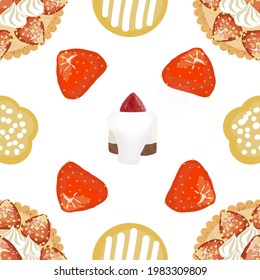 Seamless pattern of cake tart strawberry on white background for background and texture concept 