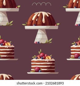 Seamless pattern with cakes. Baking, bakery shop, cooking, sweet products, dessert, pastry concept. Perfect for product design, scrapbooking, textile, wrapping paper.