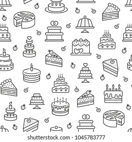 Seamless pattern with cakes. Black and white thin line icons