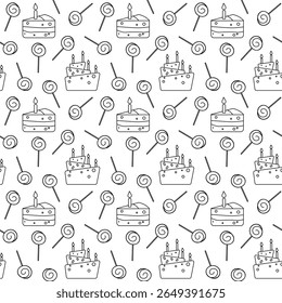 Padrão perfeito com bolos, fatias de bolo, pirulitos, estilo de contorno em fundo branco. Perfeito para aniversário, design de festa, papel de embrulho, cartões, convites e embalagem.