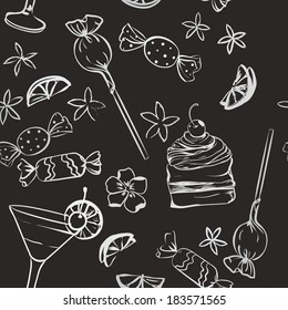 Seamless pattern with cakes, candies and sweets on blackboard