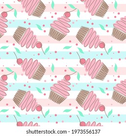 Seamless pattern with cakes. Cakes with cherries, vector repeating pattern. Baking on a background of stripes. Pastel delicate background.