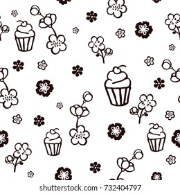 seamless pattern with cakes and cherry blossoms