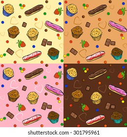 Seamless pattern with cakes, chocolate, hearts and muffins. Vector
