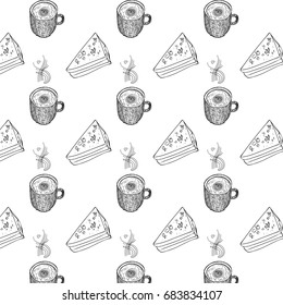 Seamless pattern with cakes and coffee.