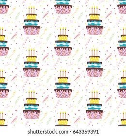 Seamless pattern with cakes and confetti on the white background. Vector illustration.