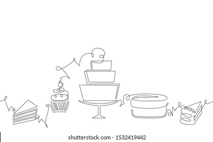 Seamless Pattern with Cakes. Continuous drawing style. Background with Sweets. Vector template.