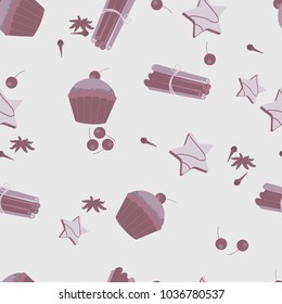 Seamless pattern with cakes, cookies and spices in pastel colors. For decorating textiles and packaging. Vector illustration.