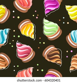 Seamless pattern of cakes with cream on biscuits of different color tastes on a black background