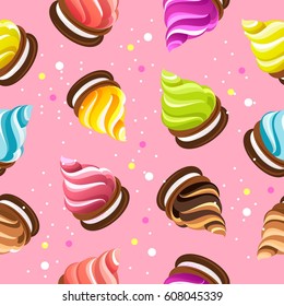 Seamless pattern cakes with cream on biscuits merengue of different color tastes
