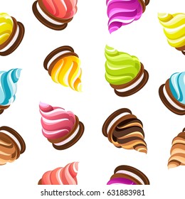 Seamless pattern of cakes with cream on biscuits of merengue of different color tastes on white background