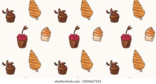 Seamless pattern of cakes and creame caramel