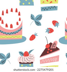 Seamless pattern with cakes, cupcake and strawberries. Tasty dessert. Vector illustration in trendy flat style for fabric, packaging, textile, wallpaper.