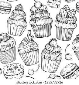 Seamless pattern with Cakes and cupcakes baked chocolate dessert, bakery set, black and white, vector illustration