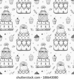 Seamless pattern with cakes and cupcakes. Can be used for wallpaper, pattern fills, textile, web page background, surface textures. Vector illustration. 