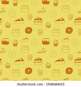 Seamless pattern cakes, cupcakes, cheesecakes, donuts and cakes, vector illustration, hand drawn doodle, yellow and brown
