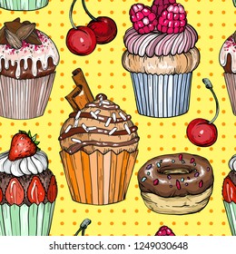 Seamless pattern with Cakes and cupcakes, chocolate dessert, bakery colorful, pop art design, vector illustration