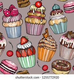 Seamless pattern with Cakes and cupcakes, dessert, bakery, vector illustration
