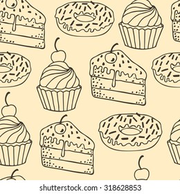 Seamless pattern with cakes, cupcakes, donuts