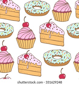 Seamless pattern with cakes, cupcakes, donuts. Can be used for wallpaper, web page background, surface textures.