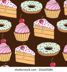 Seamless pattern with cakes, cupcakes, donuts. Can be used for wallpaper, web page background, surface textures.