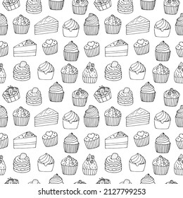 Tortas de patrón sin soldadura pastelitos y piezas ilustraciones vectoriales, garrapatas de dibujo a mano