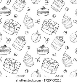  Seamless pattern with cakes and cupcakes. Vector illustration