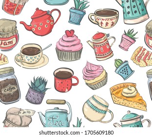 Seamless pattern with cakes, cups, coffee pots and teapots