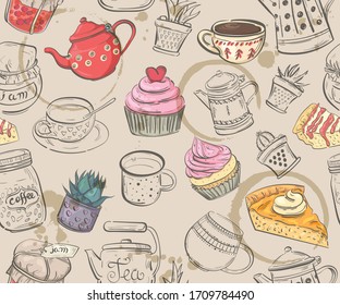 Seamless pattern with cakes, cups, coffee pots and teapots